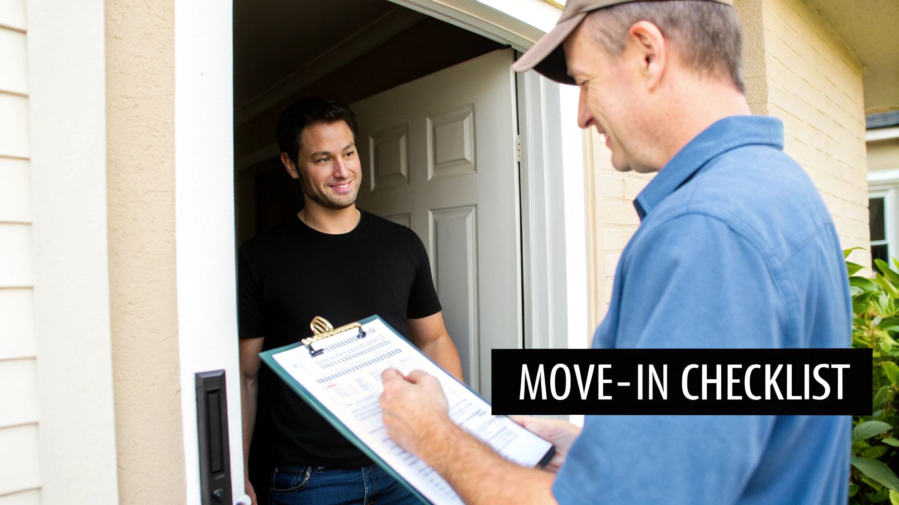 A landlord and tenant reviewing a checklist together in a clean, empty apartment.