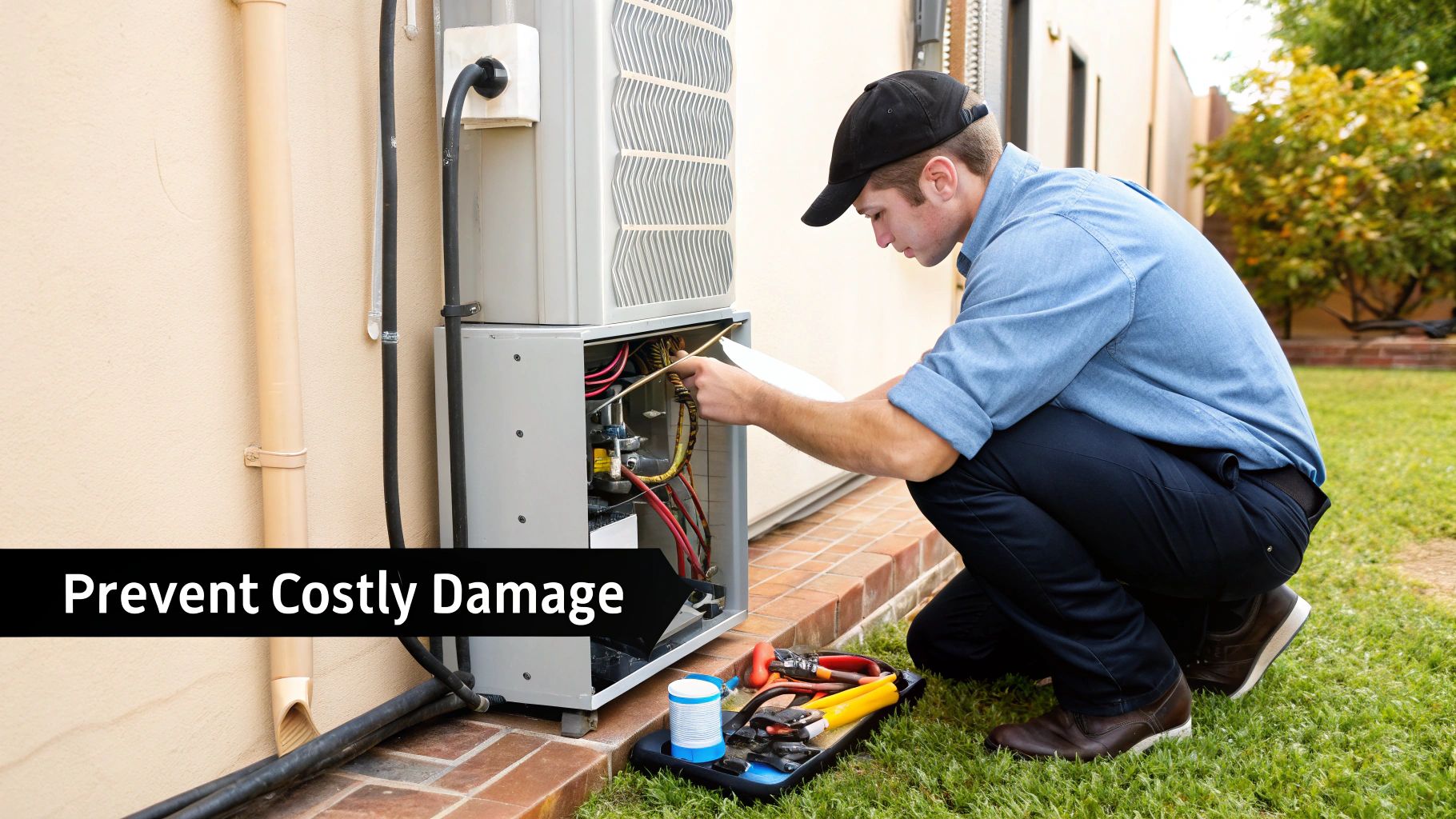 A technician inspects the internal wiring of an outdoor air conditioning unit with tools nearby.