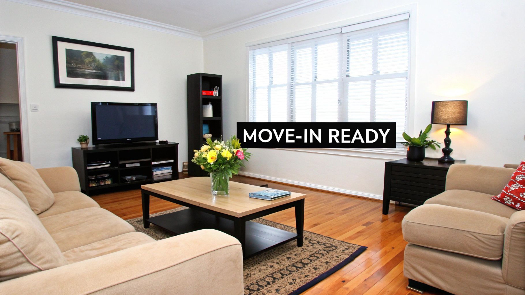 A neatly staged living room with a beige sofa, TV, coffee table, and large window.