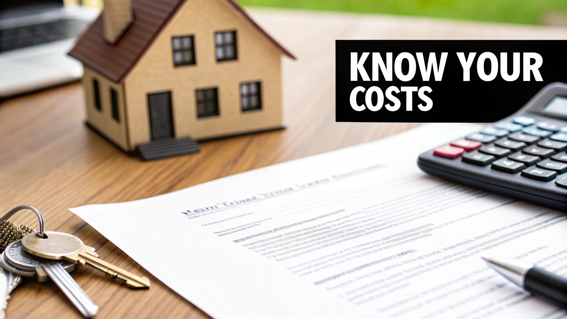 A miniature house model, calculator, keys, and a document on a desk with 'KNOW YOUR COSTS' text.