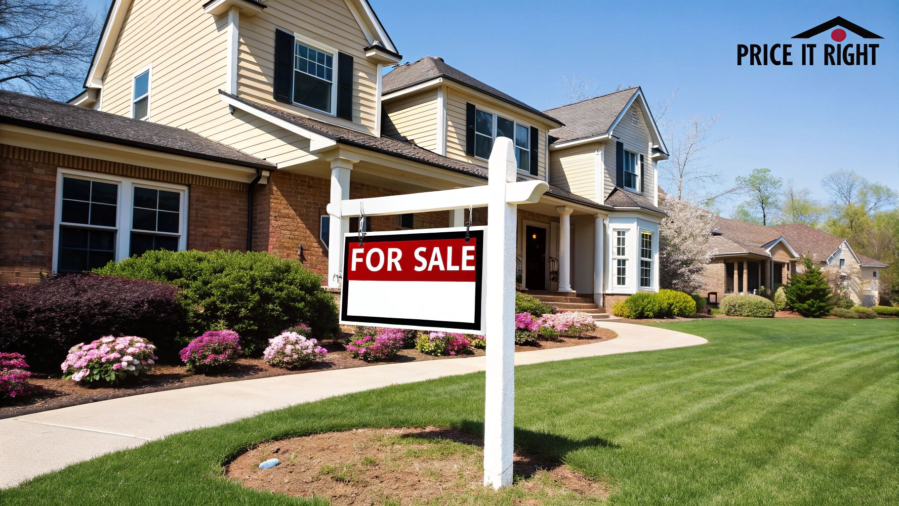 A bright, modern home exterior under a clear blue sky, representing a perfectly priced property.
