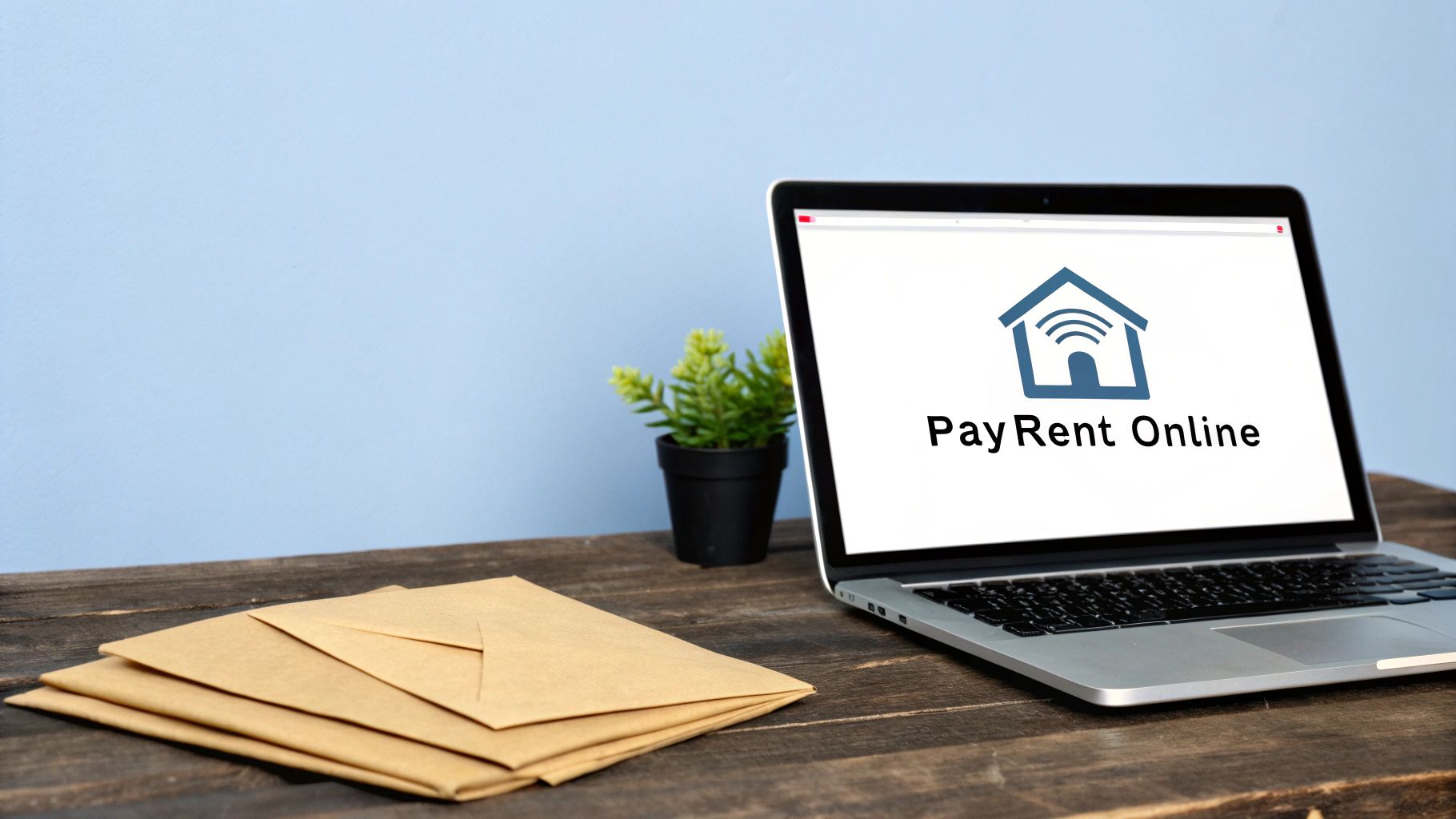 A laptop displays 'Pay Rent Online' with a house icon, next to envelopes and a plant.