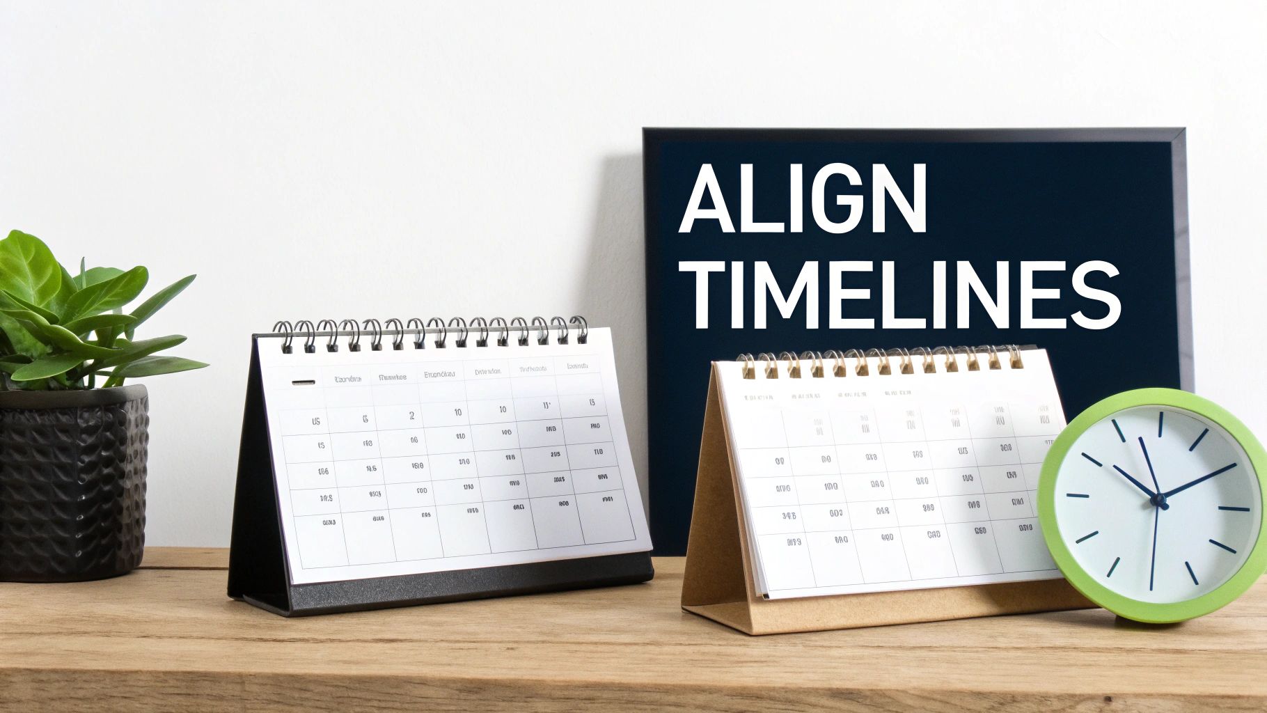 Two desk calendars and clock on wooden table with align timelines sign for home selling planning