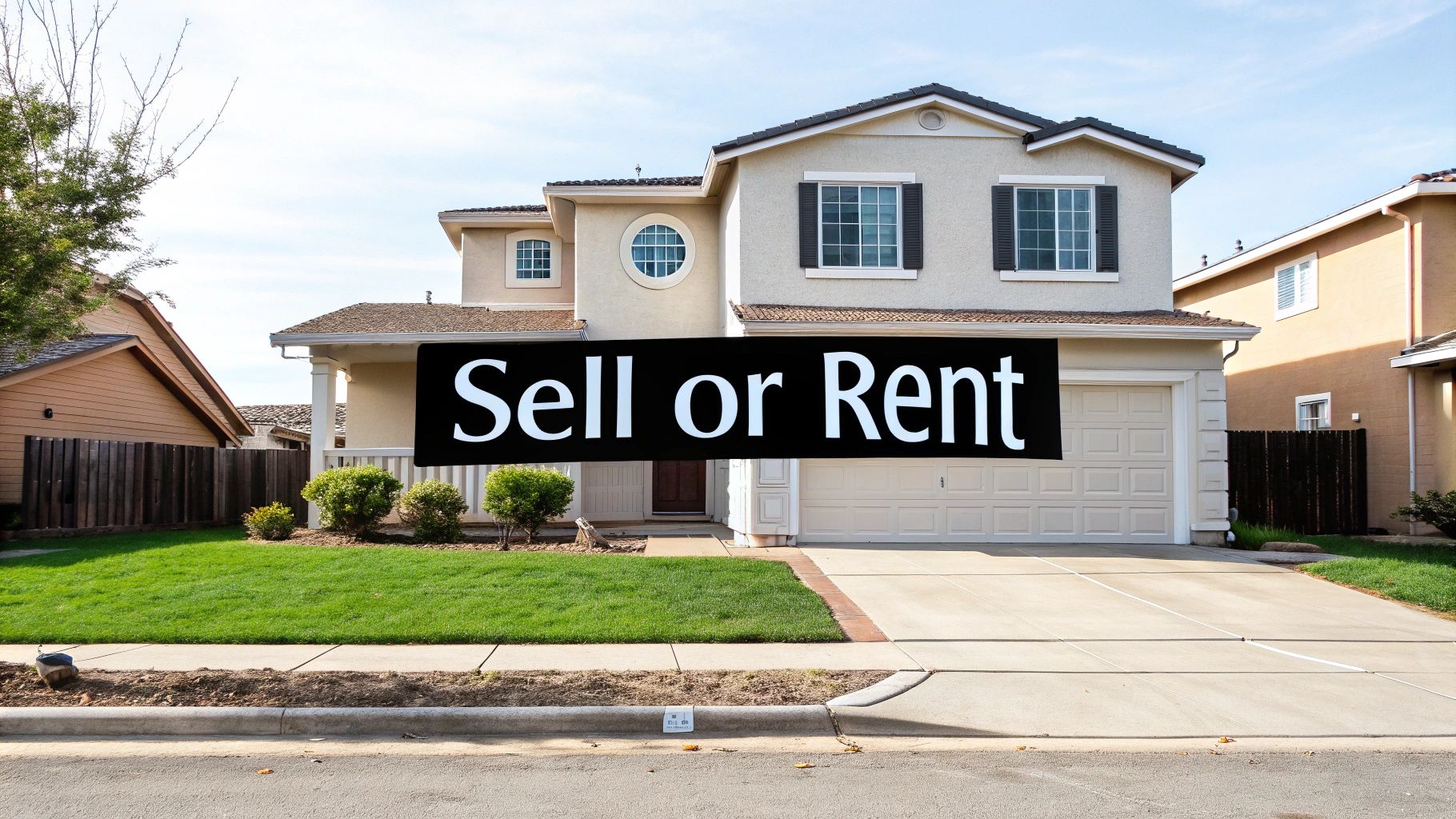 A two-story suburban house with a prominent "Sell or Rent" banner, green lawn, and driveway.