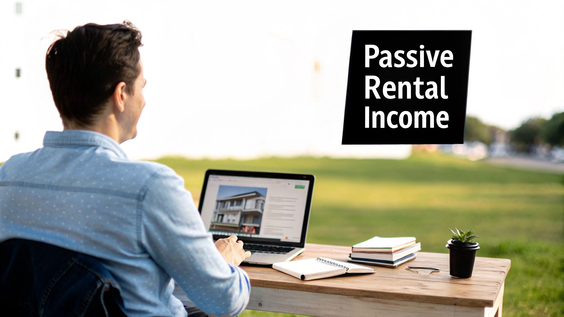 Person viewing a house on a laptop outdoors, with 'Passive Rental Income' sign.
