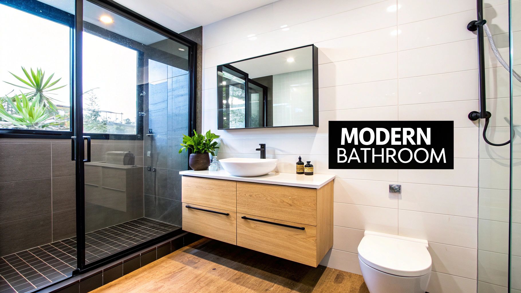 A sleek modern bathroom with a glass shower, a wooden vanity, and a white toilet.