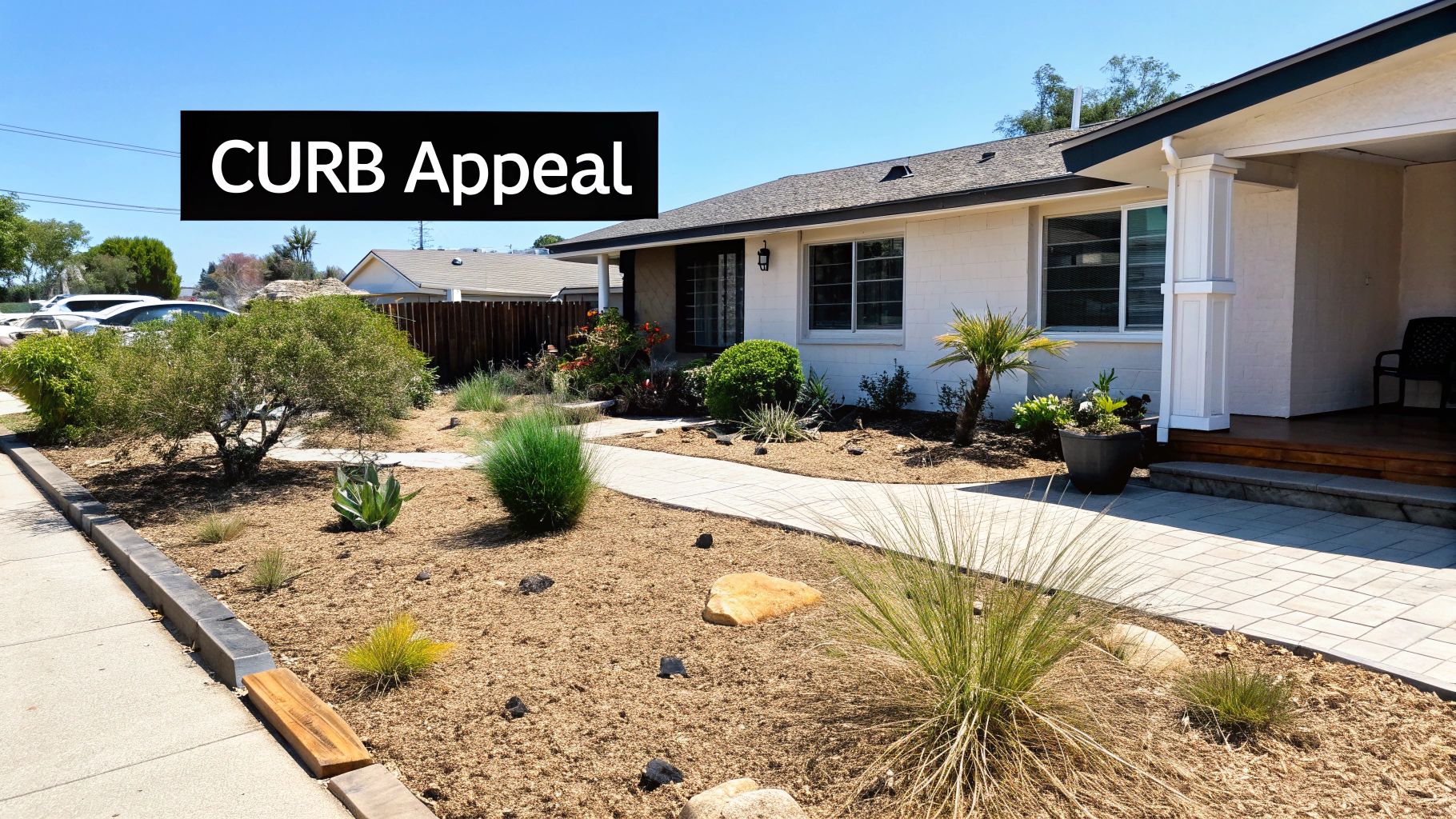 A home with a neat, water-wise front yard featuring various plants, mulch, and a paver walkway.