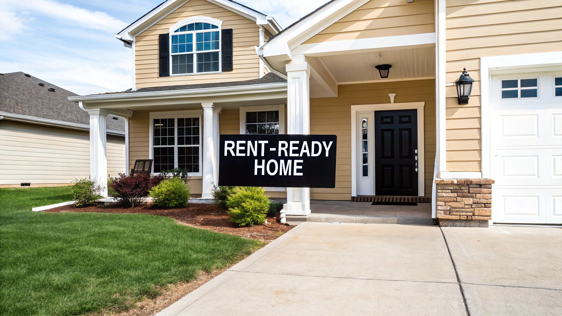 A modern light yellow house with a black "RENT-READY HOME" sign on the front lawn.