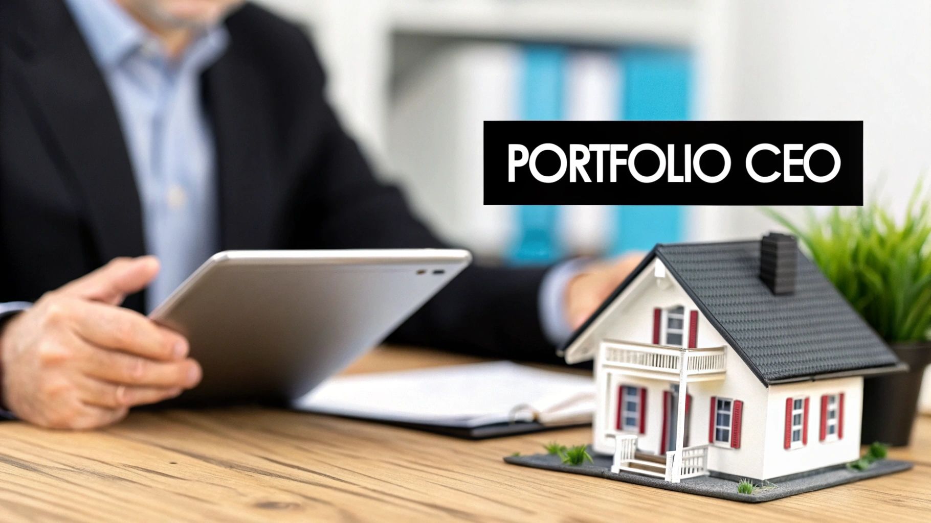 A person, a portfolio CEO, using a tablet next to a miniature house, representing real estate.