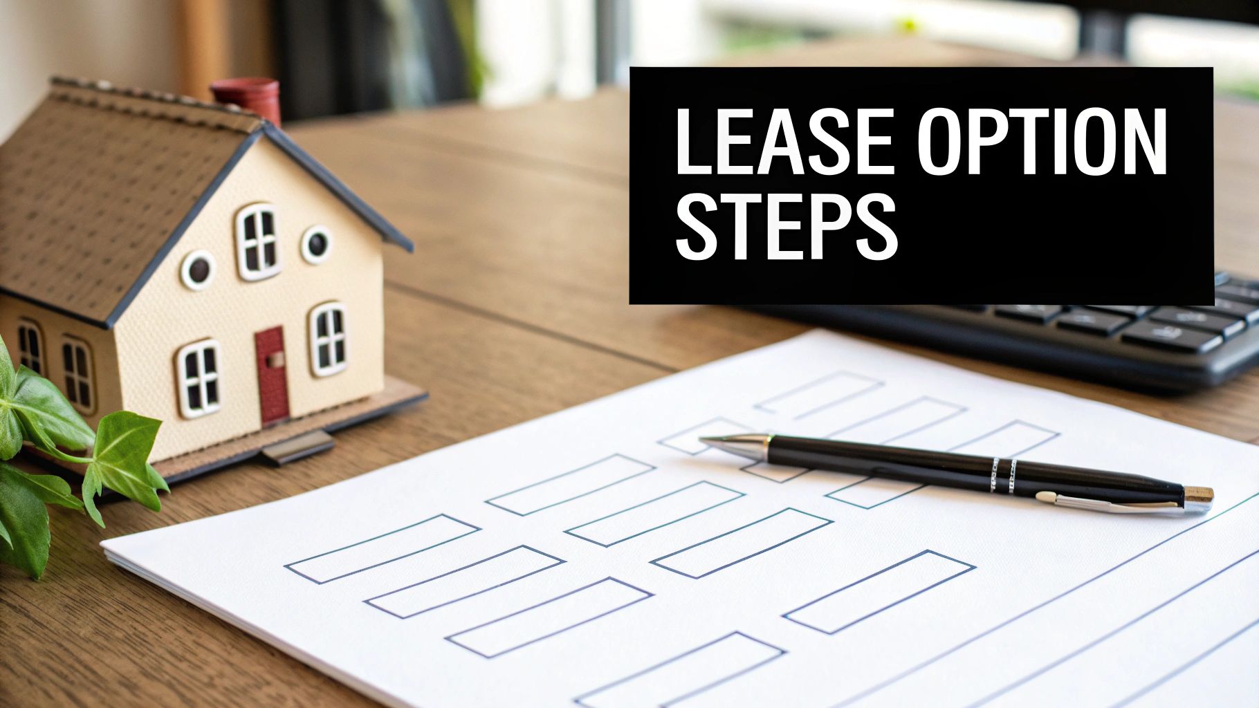 A miniature house, paper, and pen on a table, with 'LEASE OPTION STEPS' text.