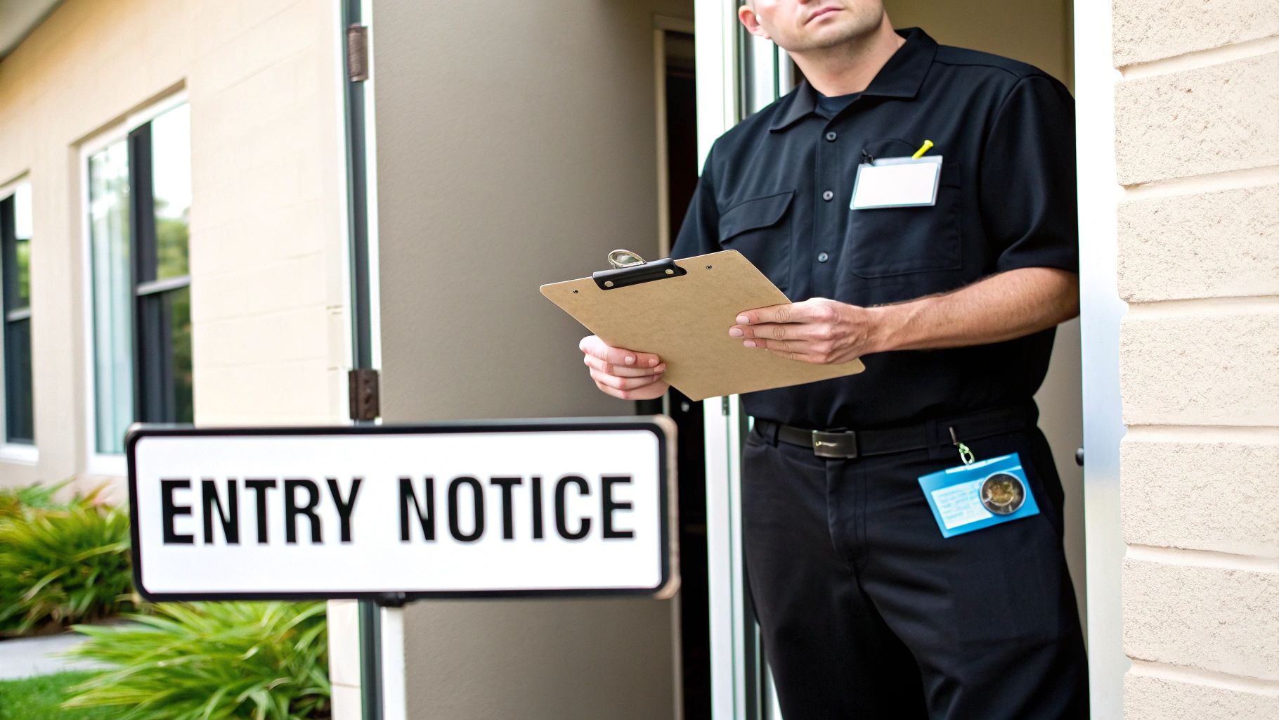 A service worker in a black uniform holds a clipboard next to an 'ENTRY NOTICE' sign.