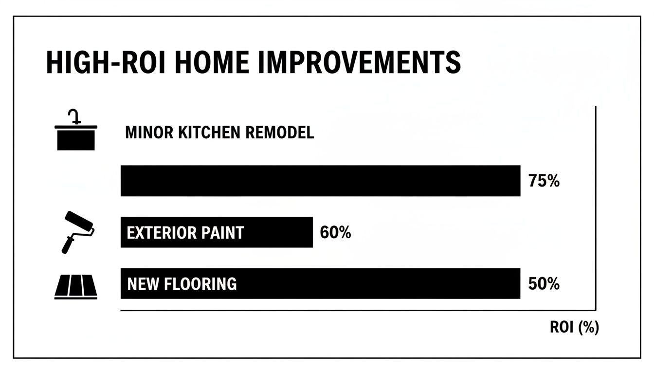 Bar chart illustrating high-ROI home improvements: minor kitchen remodel (75%), exterior paint (60%), and new flooring (50%).