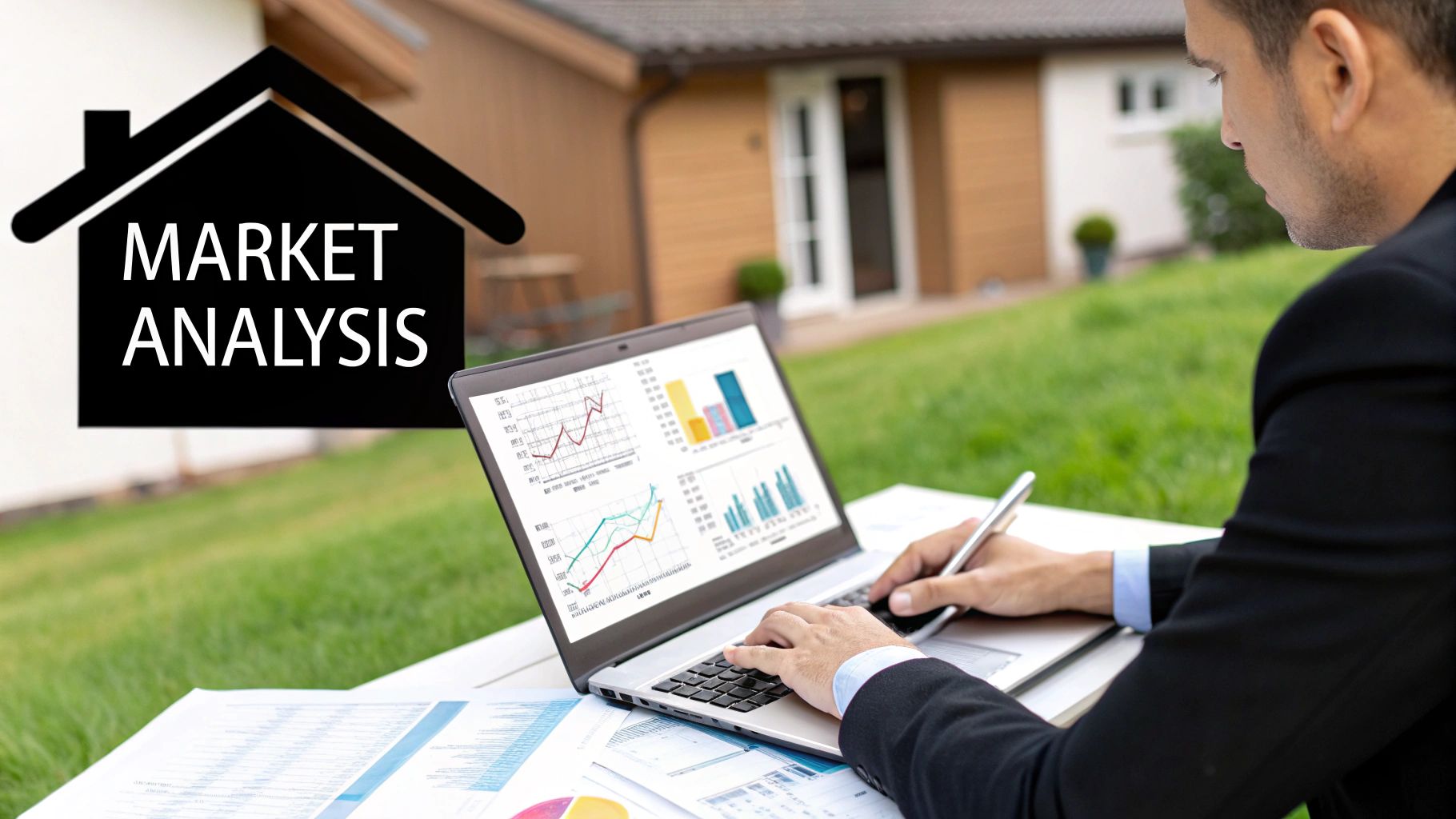 A person reviewing documents at a desk, with a house model and calculator nearby, signifying preparation for a home sale negotiation.
