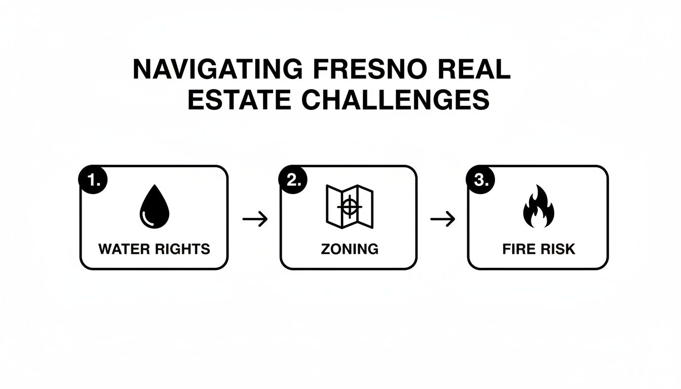 Infographic outlining three real estate challenges in Fresno: water rights, zoning, and fire risk.