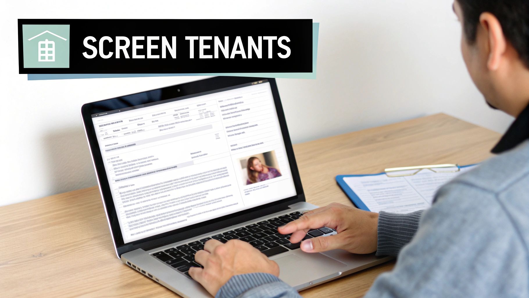 Person using a laptop for tenant screening, with a 'SCREEN TENANTS' banner and house icon.