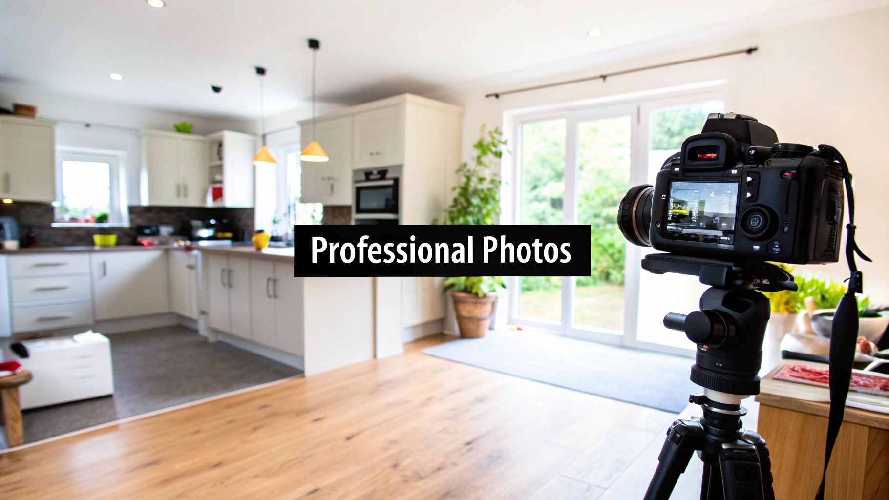 a bright, professionally photographed living room in a rental property