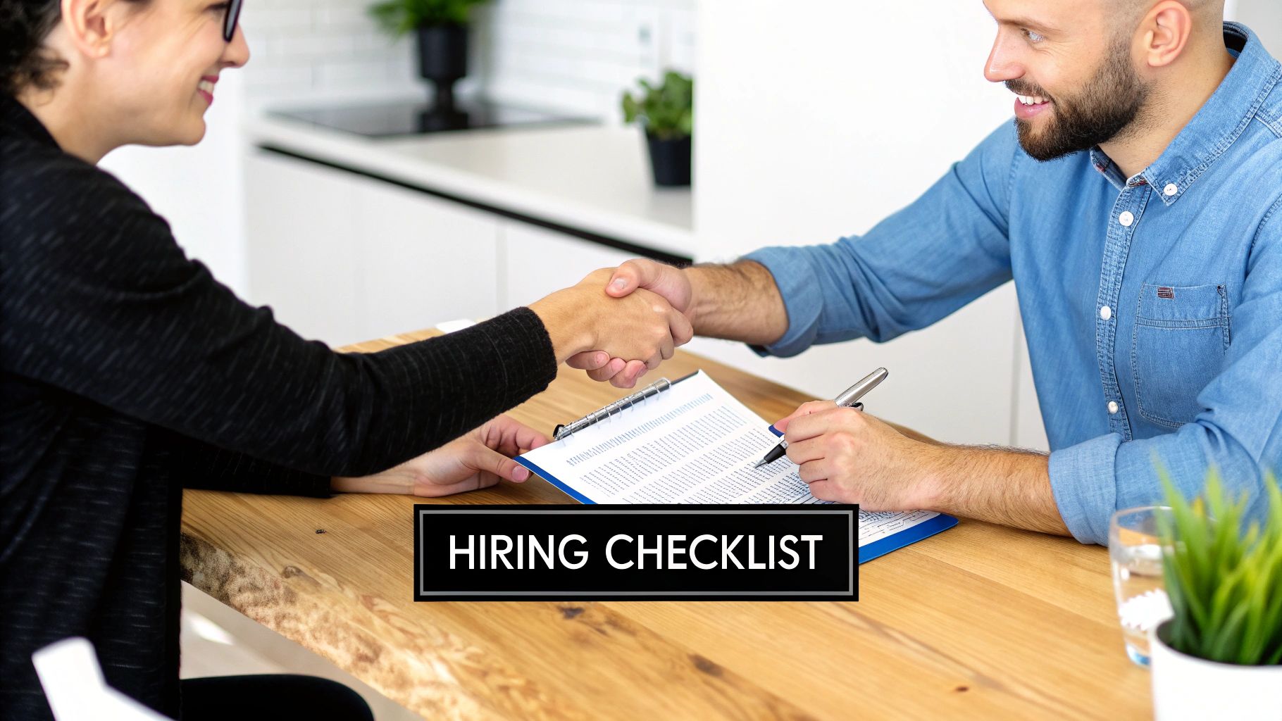 Two smiling professionals shaking hands over a hiring checklist on a wooden table.
