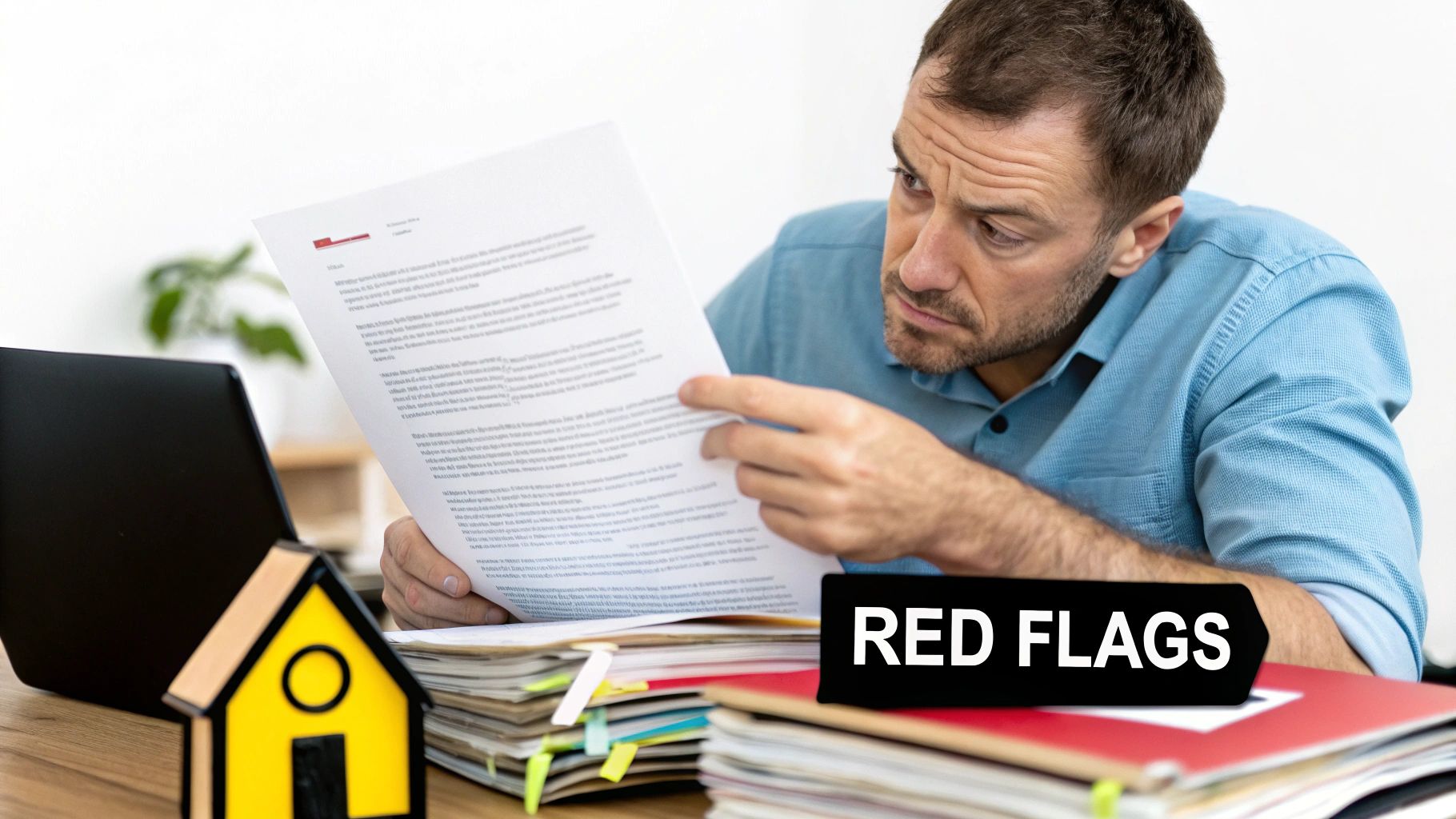 A concerned man scrutinizes a document, surrounded by stacks of papers, a house model, and a 'RED FLAGS' sign.
