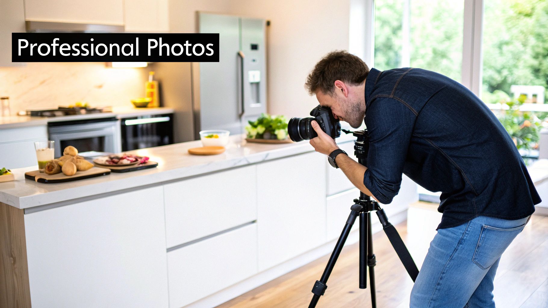 A professional real estate photographer taking a picture of a modern kitchen with a professional camera on a tripod.