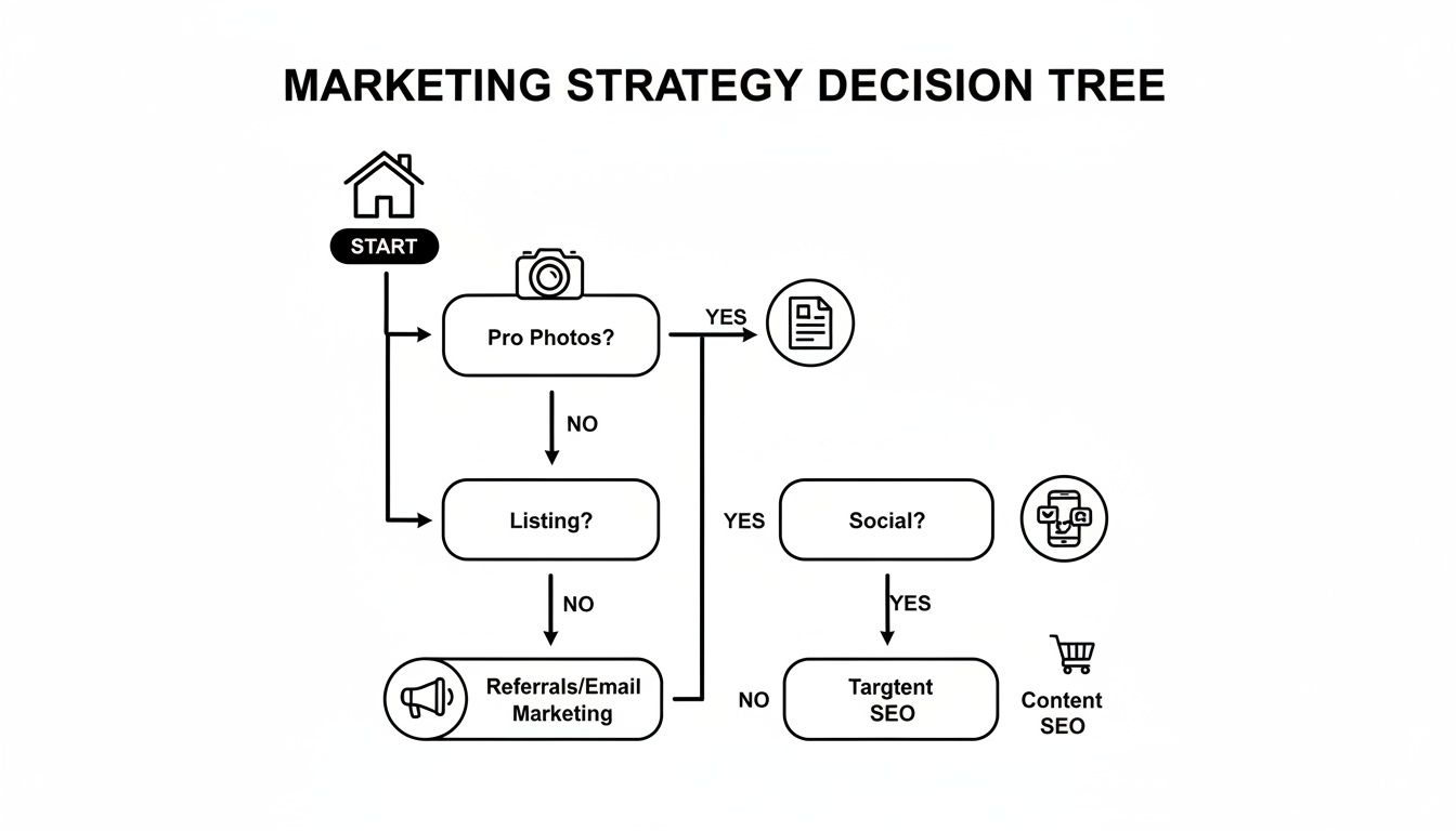 A marketing strategy decision tree flowchart illustrating paths for pro photos, listings, social media, email, and SEO.