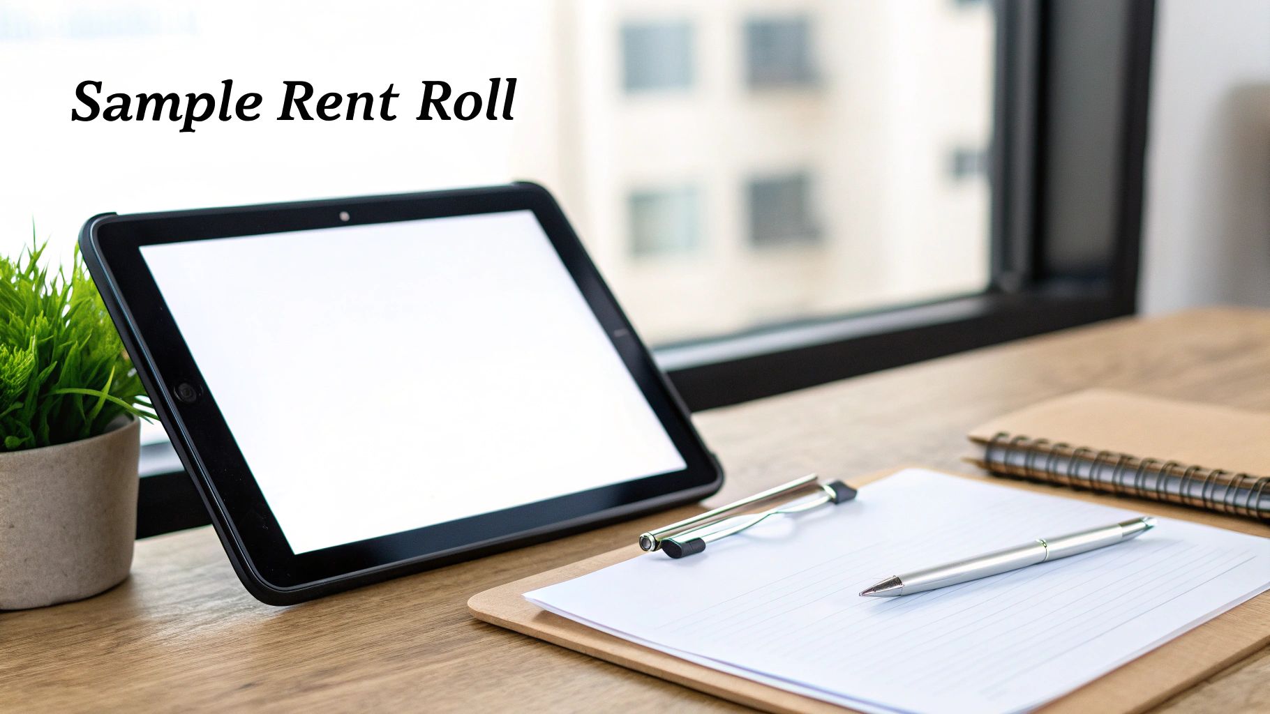 A tablet, potted plant, clipboard with paper, and pen on a wooden desk, with 'Sample Rent Roll' text.