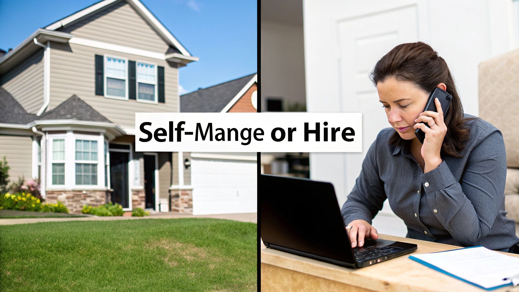 Split image showing a house and a woman working, illustrating the choice to self-manage or hire property services.