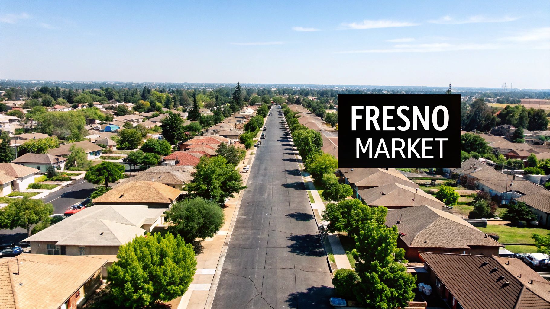 Aerial view of a residential street in Fresno, California, with houses and green trees.