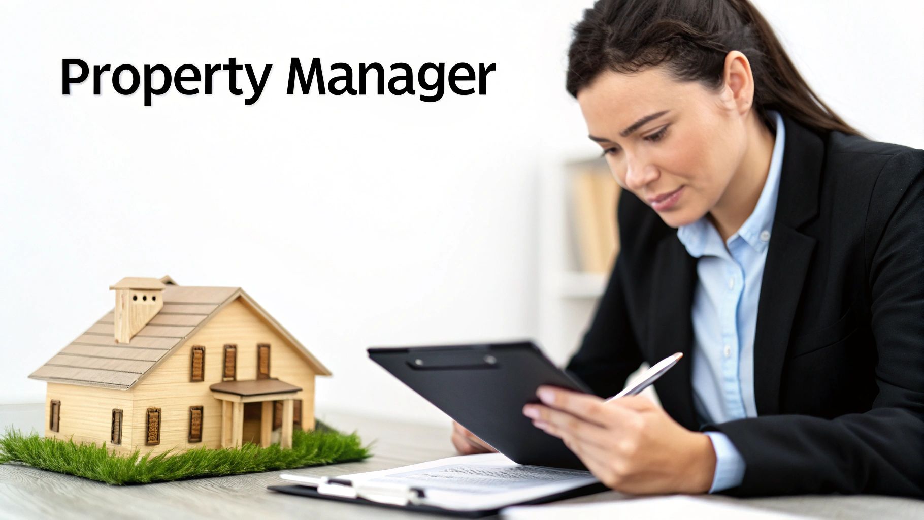 A professional property manager reviewing documents in a modern office.