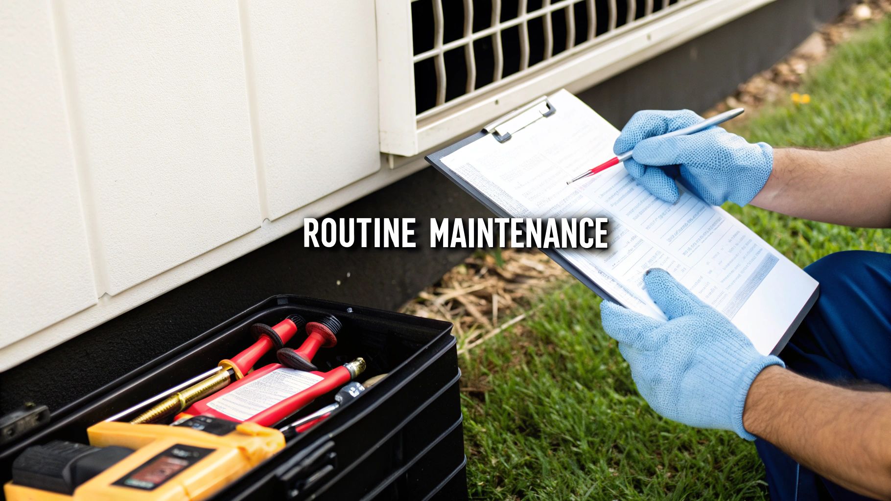 A technician in blue gloves fills out a checklist for routine HVAC unit maintenance with a toolbox nearby.