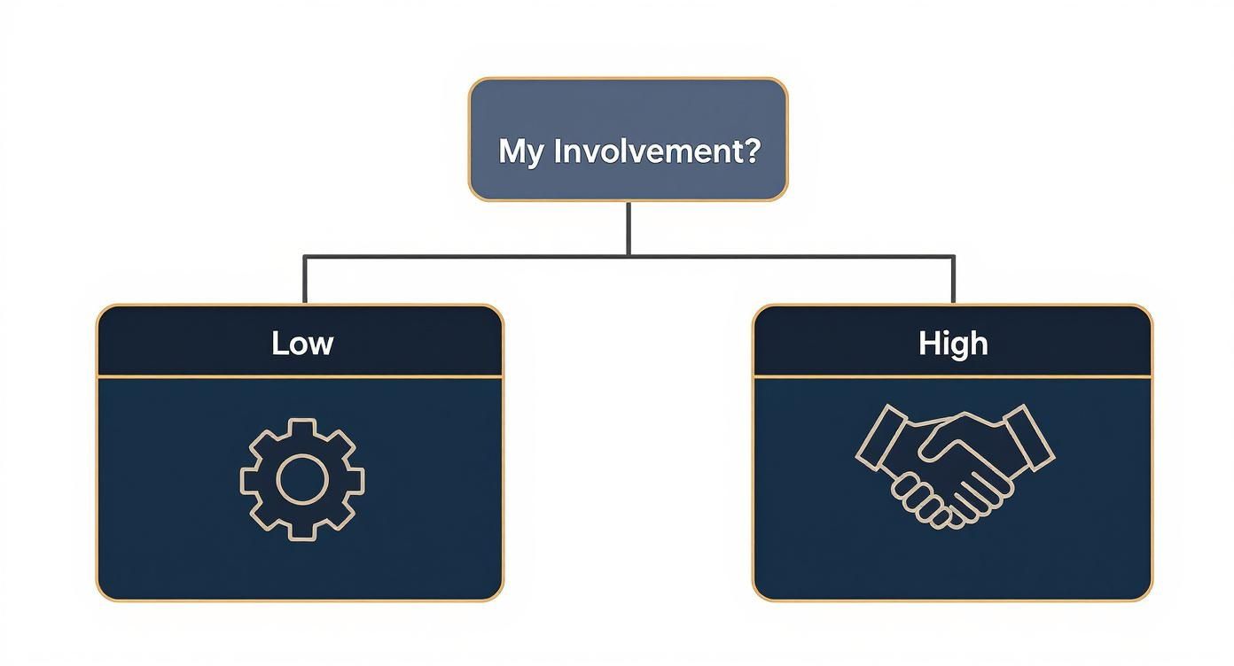 Infographic decision tree asking 'My Involvement?' with branches for 'Low' leading to full-service management and 'High' leading to placement-only service.