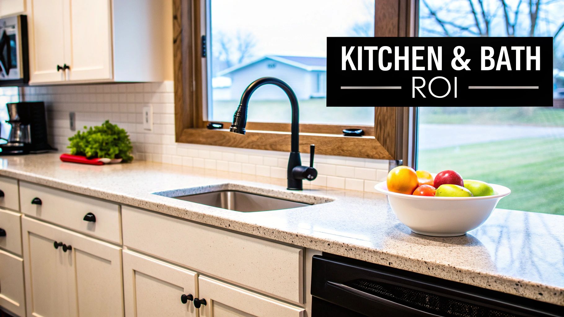 A modern kitchen with white cabinets, light countertops, a black faucet, and a bowl of fruit.