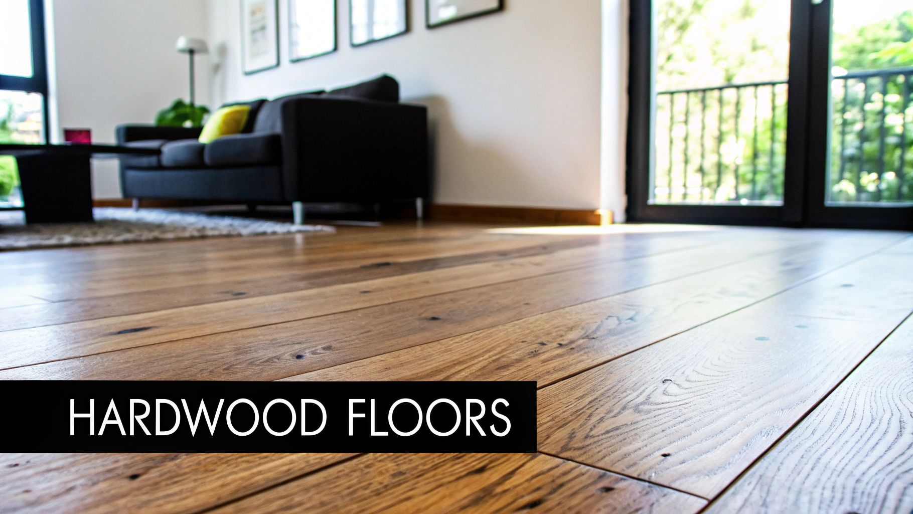 A newly refinished hardwood floor with a rich, warm tone, reflecting light in a main living area.