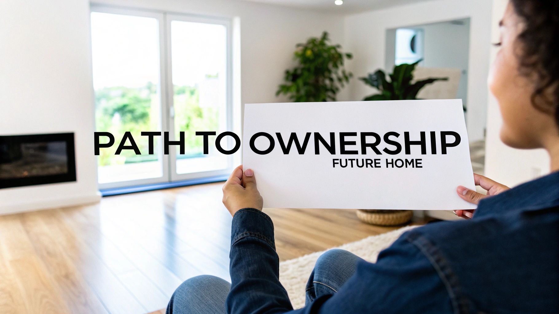 A person holds a 'Path to Ownership, Future Home' sign in a bright, modern living room.