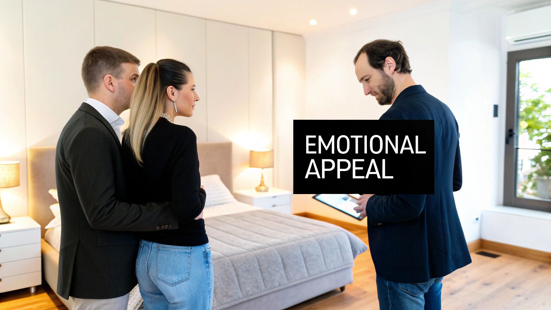 A real estate agent shows a modern bedroom to a couple during a property viewing.
