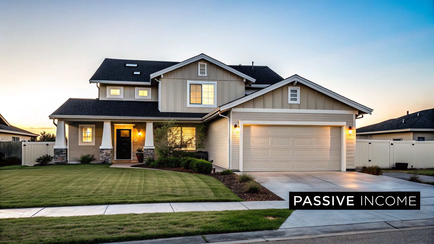A modern suburban house at dusk with glowing windows and a 'PASSIVE INCOME' overlay.