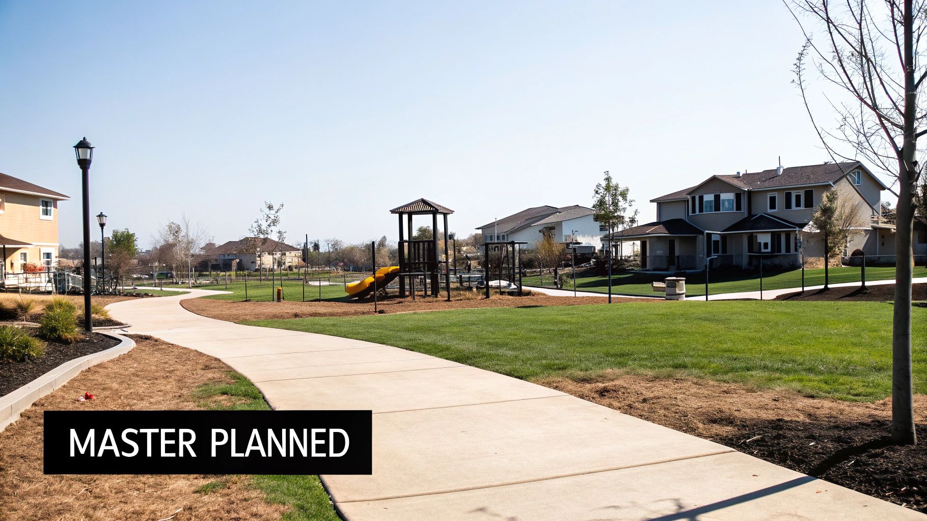 A winding path through a master-planned community with houses, green lawns, and a playground under a clear sky.