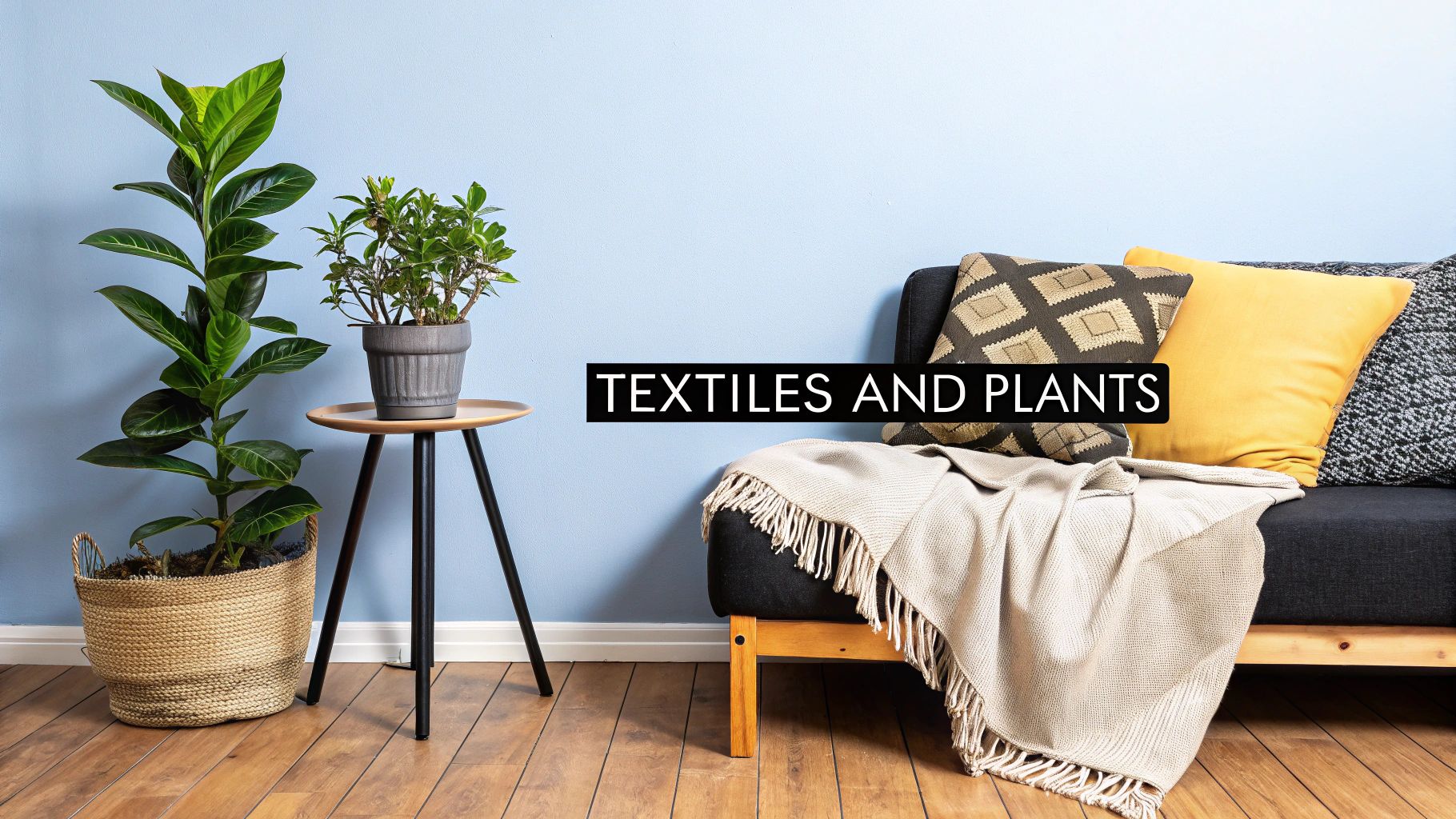 Lush houseplants and cozy textiles in a well-decorated rental living room.
