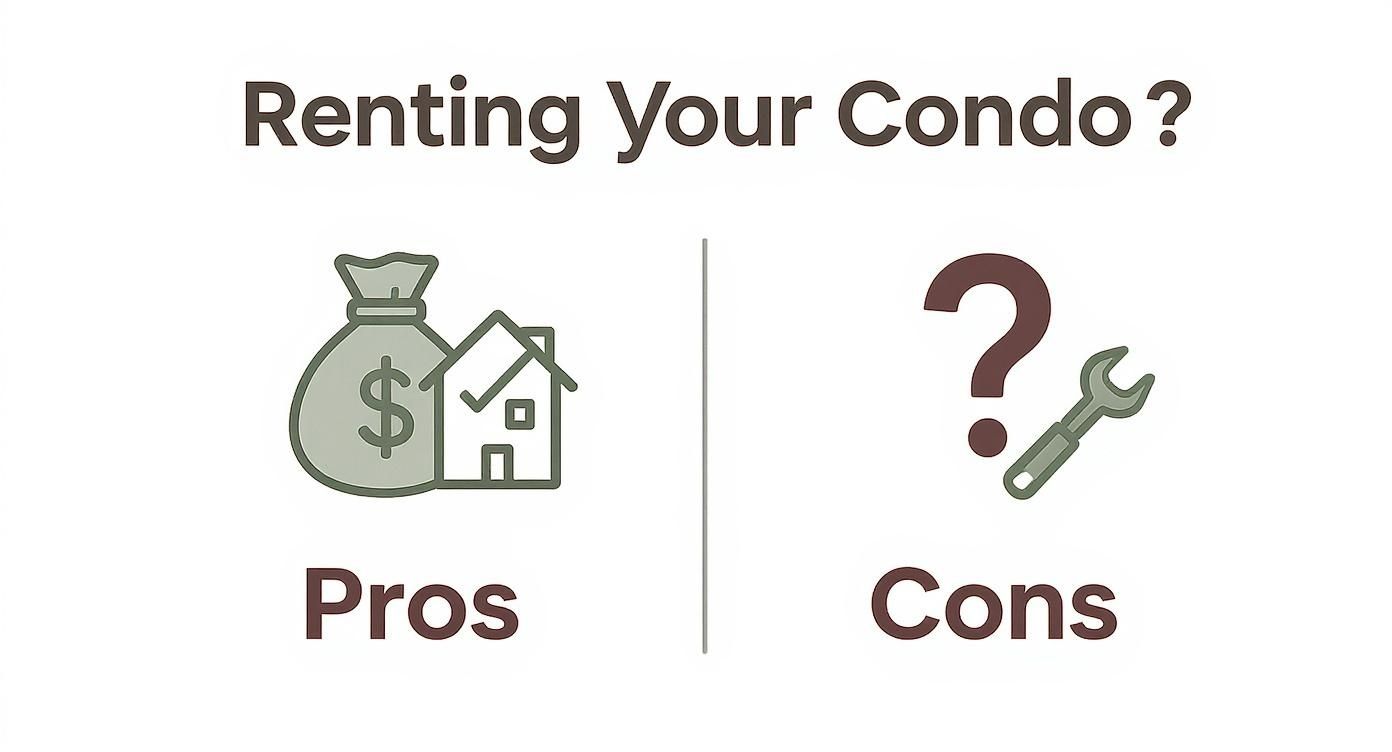 Infographic comparing the pros, like financial gain, and cons, such as management duties, of renting out a condo.