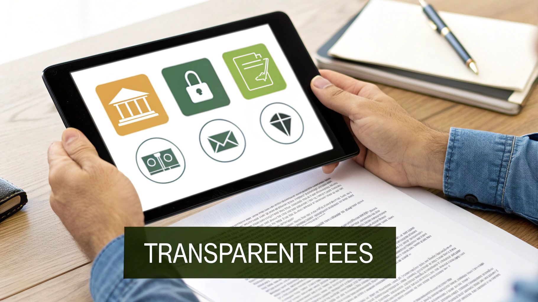Person holding a tablet showing financial icons, with 'TRANSPARENT FEES' text overlay.