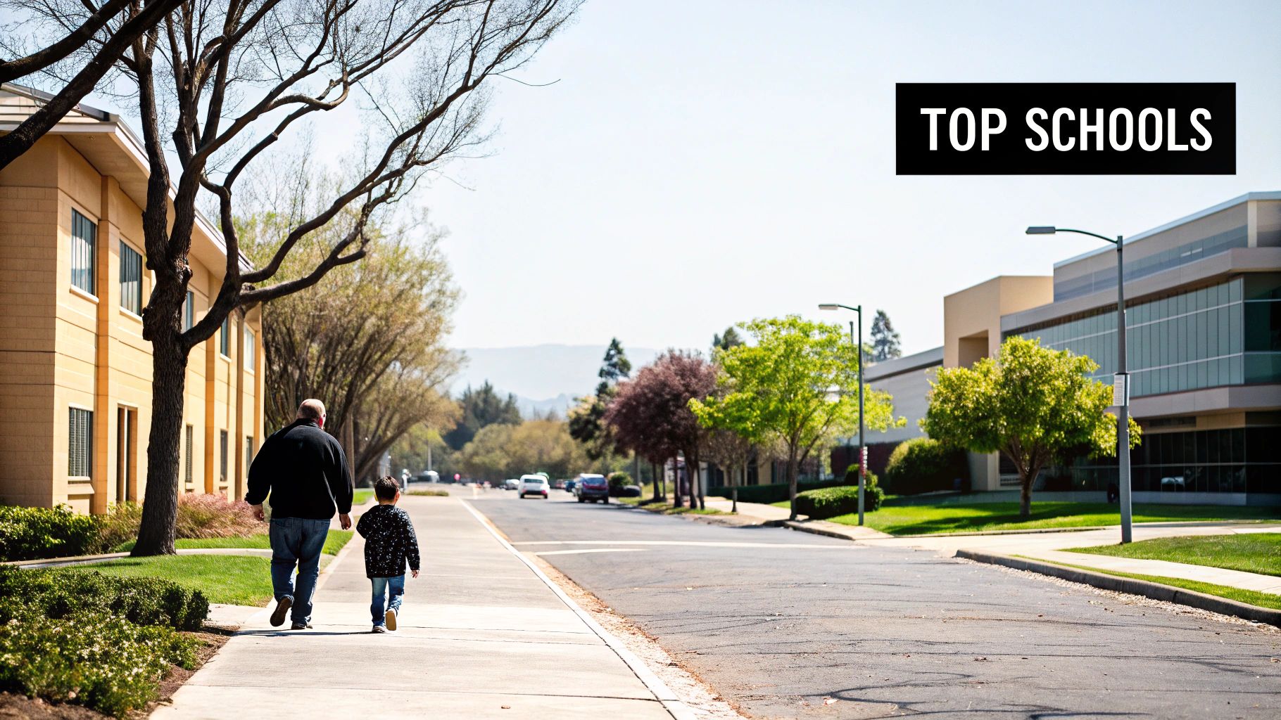 A man and child walk along a sidewalk next to yellow buildings and trees on a sunny day.
