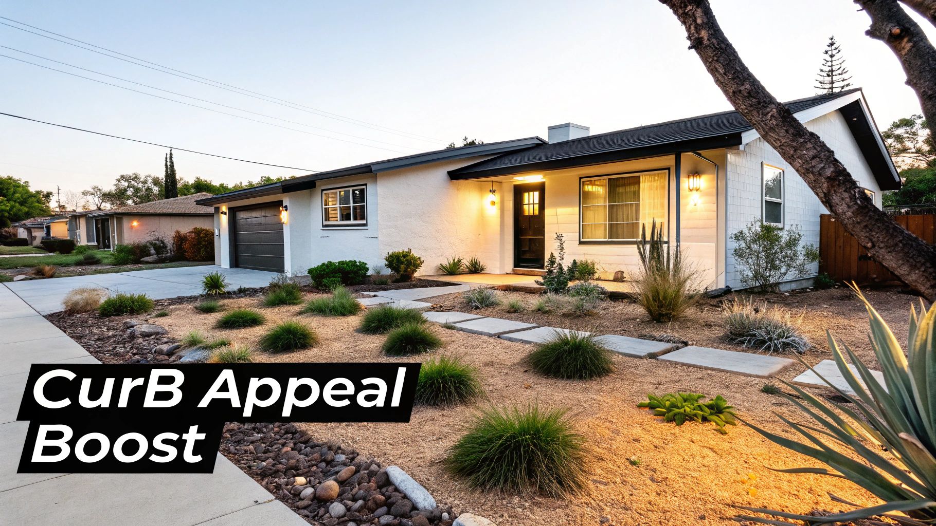 A modern white house with a black roof and well-landscaped xeriscape front yard enhancing curb appeal.