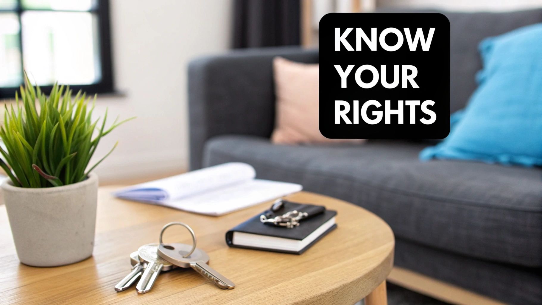 Keys and notebook on coffee table with know your rights message for tenants