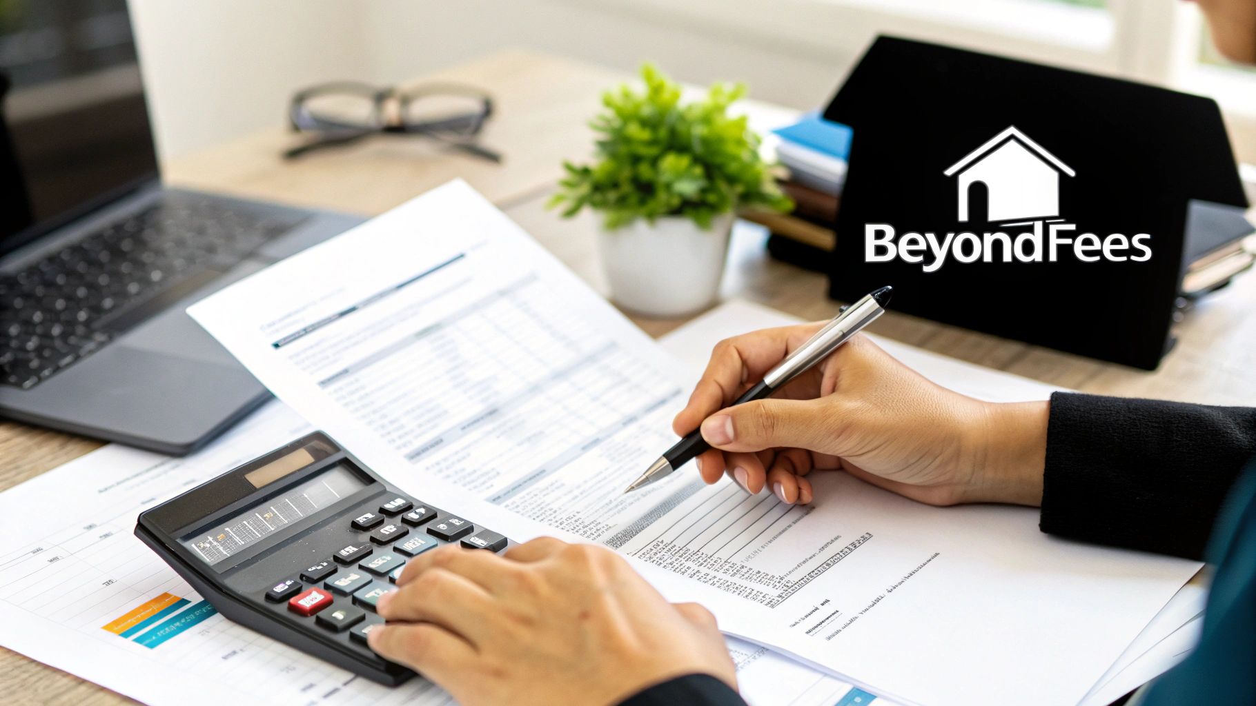 Hands using a calculator and pen on financial documents, with a laptop and 'BeyondFees' logo.