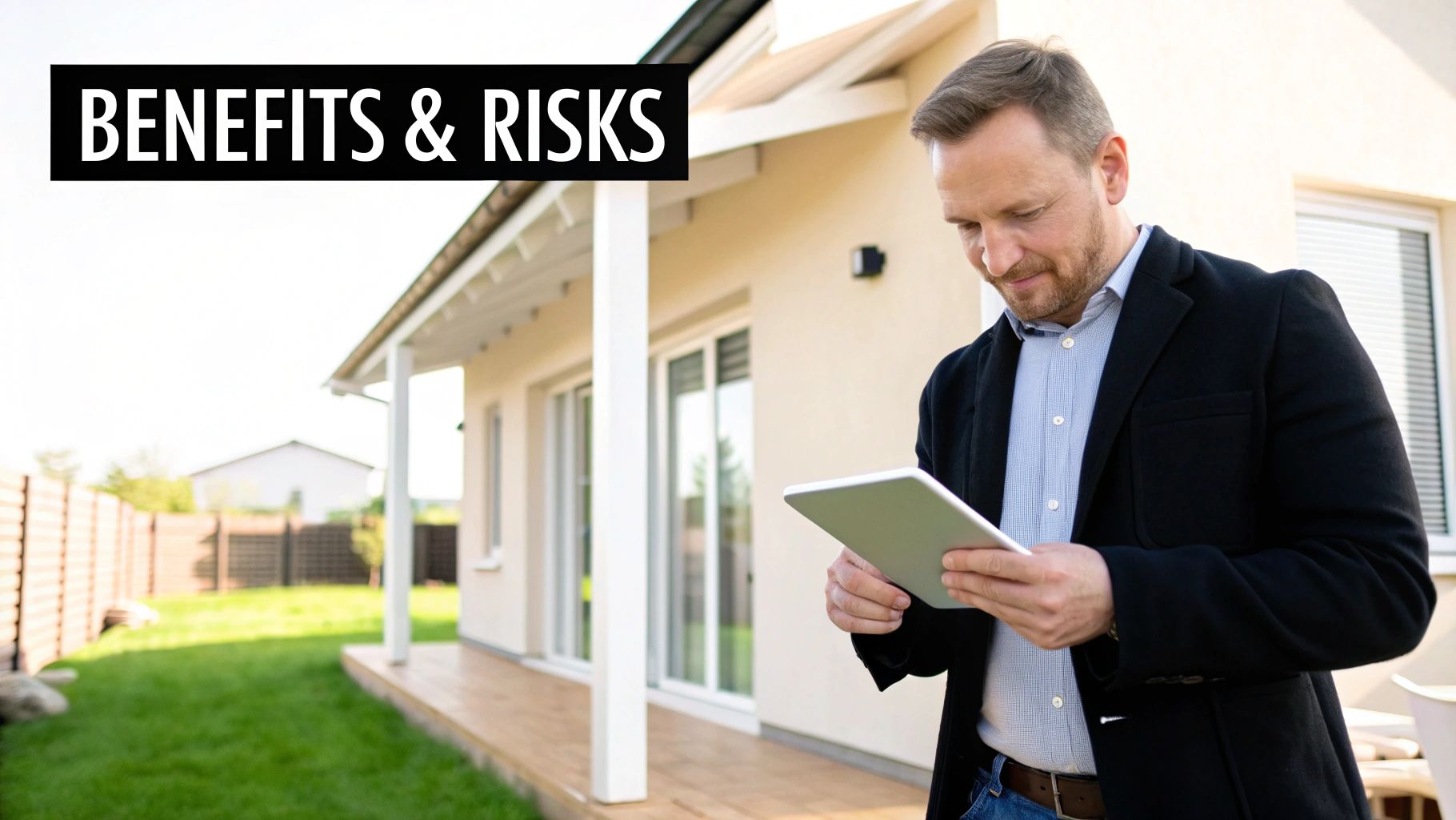 A man in a suit jacket holding a tablet outside a modern house, with a 'BENEFITS & RISKS' banner in the sky.