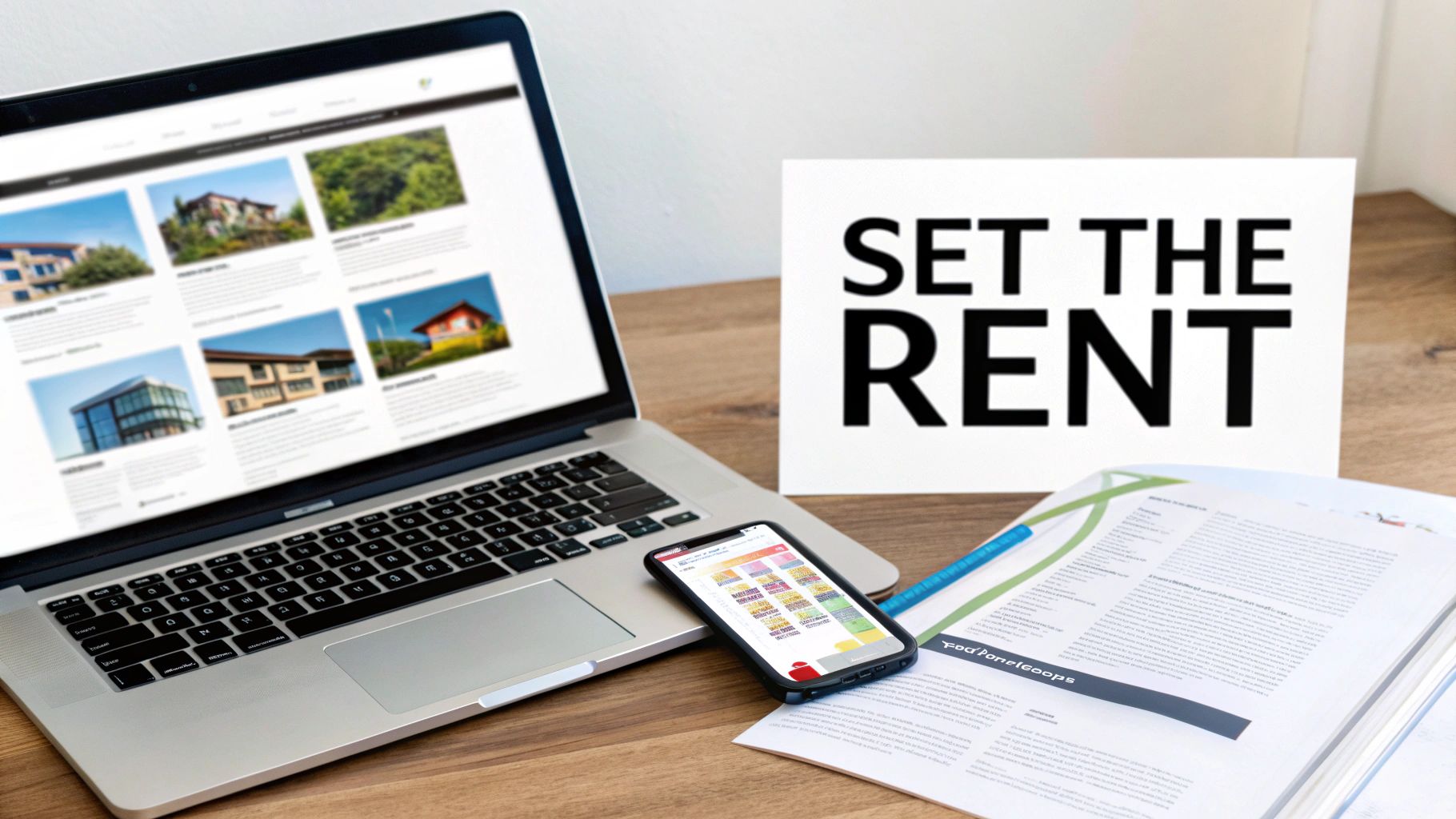 Laptop and phone display property listings next to a 'SET THE RENT' sign, signifying real estate.