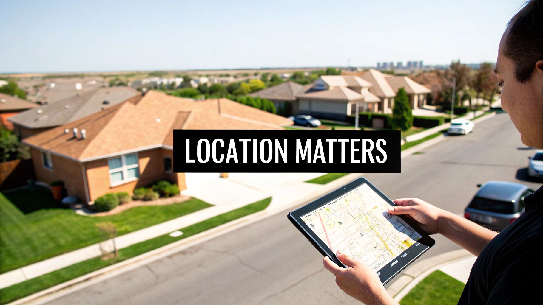 A person views a digital map on a tablet, overlooking a suburban neighborhood, emphasizing location.