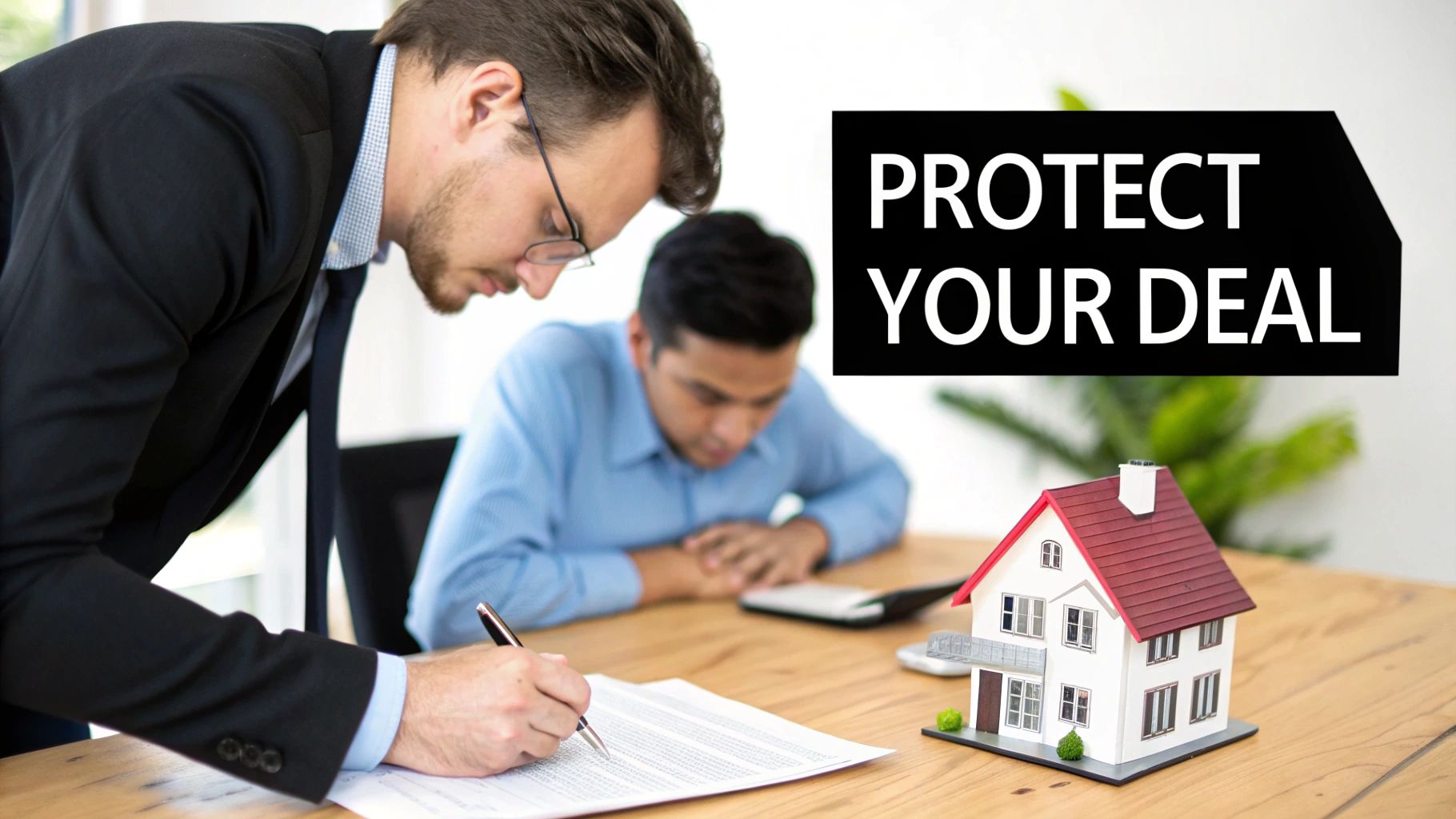 Two men, one signing a real estate contract, with a model house and 'PROTECT YOUR DEAL' text.