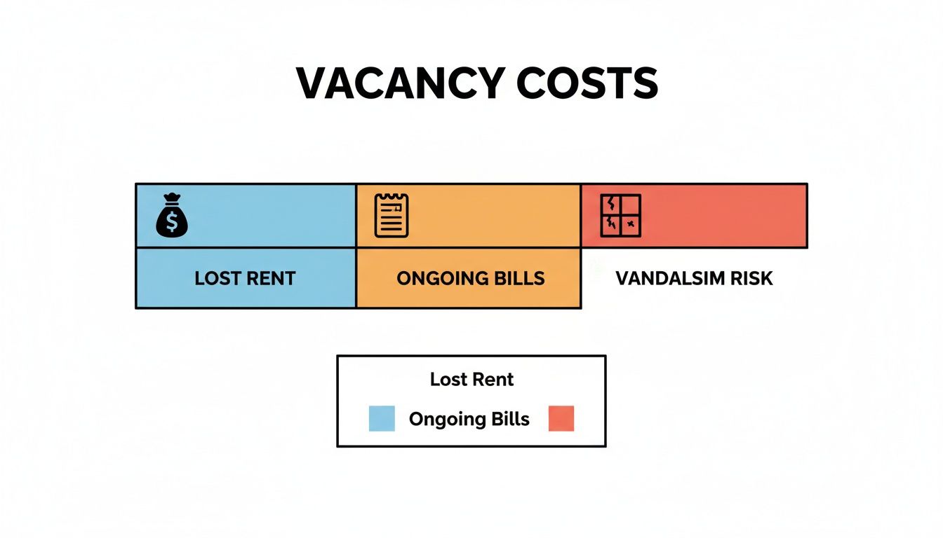 An infographic detailing vacancy costs, outlining lost rent, ongoing bills, and vandalism risk with icons and a legend.