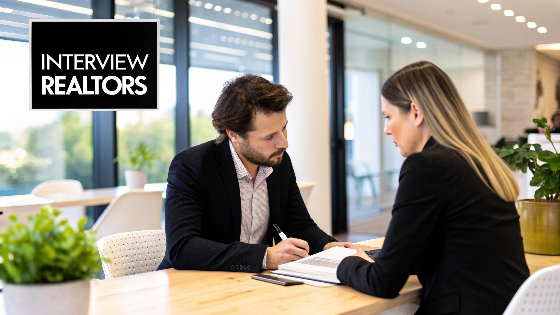 A realtor and clients sitting at a table discussing paperwork, asking important questions during an interview.