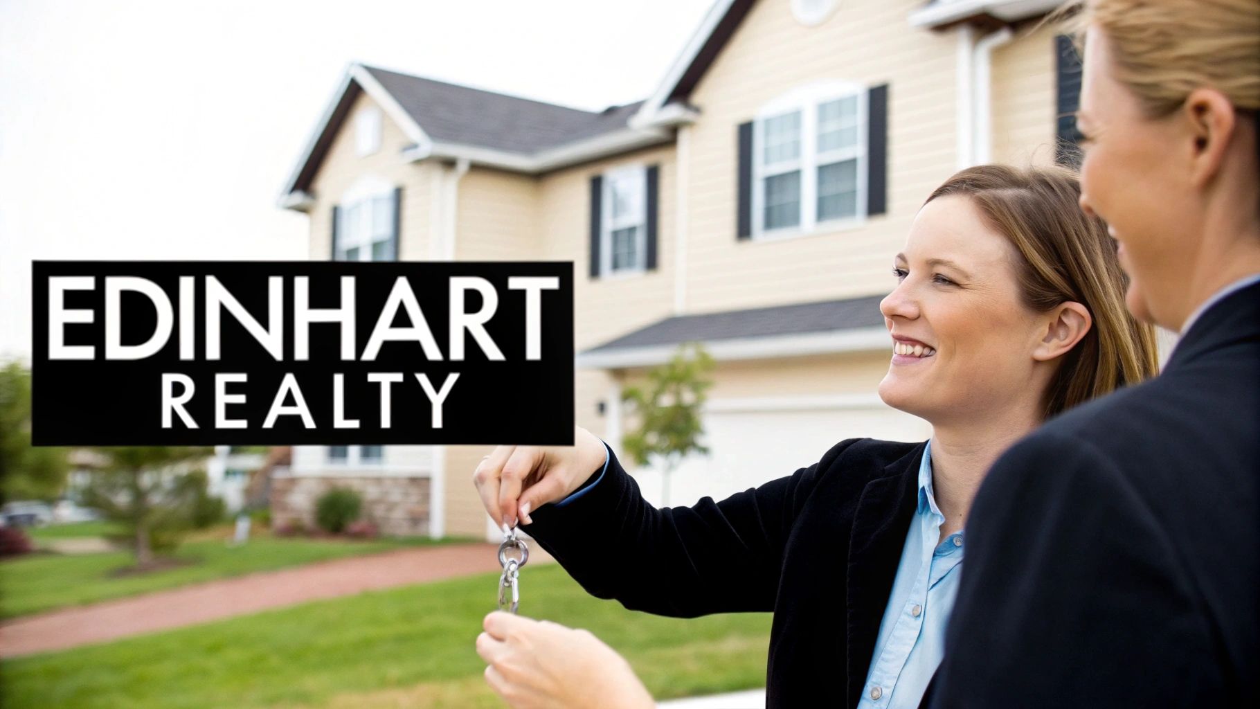A happy woman receives house keys from a real estate agent in front of a new home.